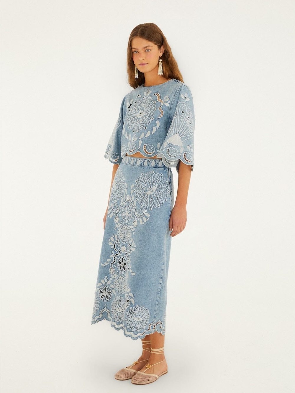 Farm Rio: DENIM RICHELIEUX MIDI SKIRT